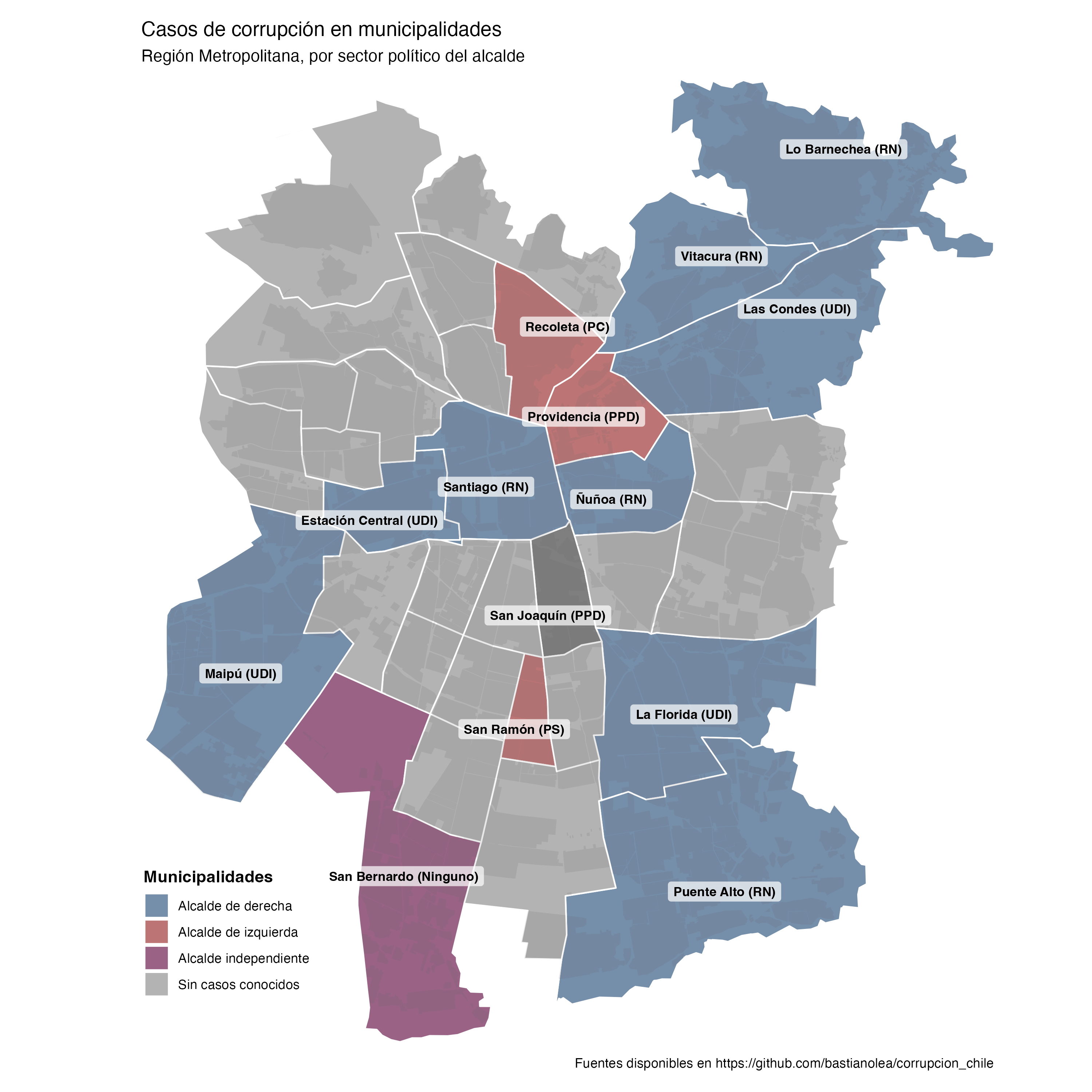 Mapa de municipios y/o alcaldes involucrados en casos de corrupción en Chile, por sector político, en la Región Metopolitana