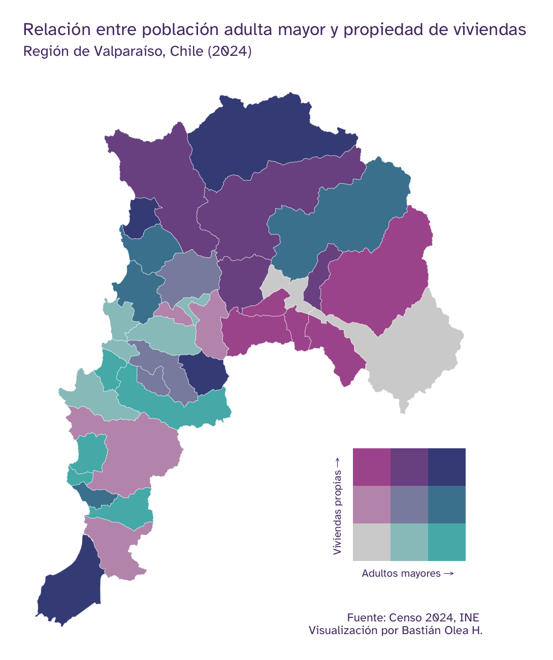 Mapas bivariados de adultos mayores en relación a viviendas propias en las comunas de Chile